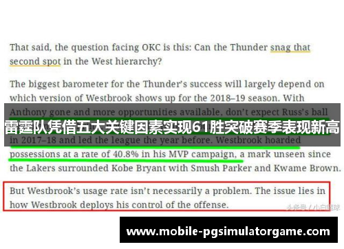 雷霆队凭借五大关键因素实现61胜突破赛季表现新高