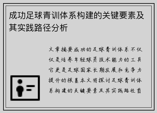 成功足球青训体系构建的关键要素及其实践路径分析