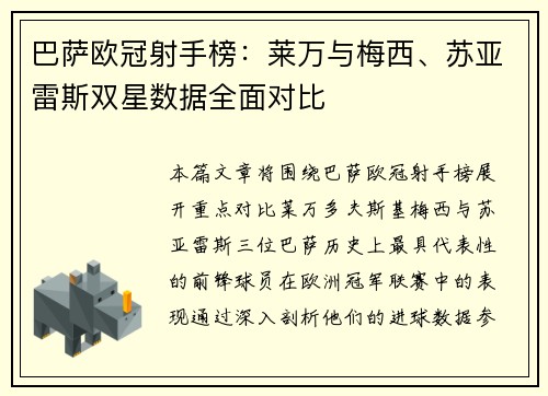 巴萨欧冠射手榜：莱万与梅西、苏亚雷斯双星数据全面对比